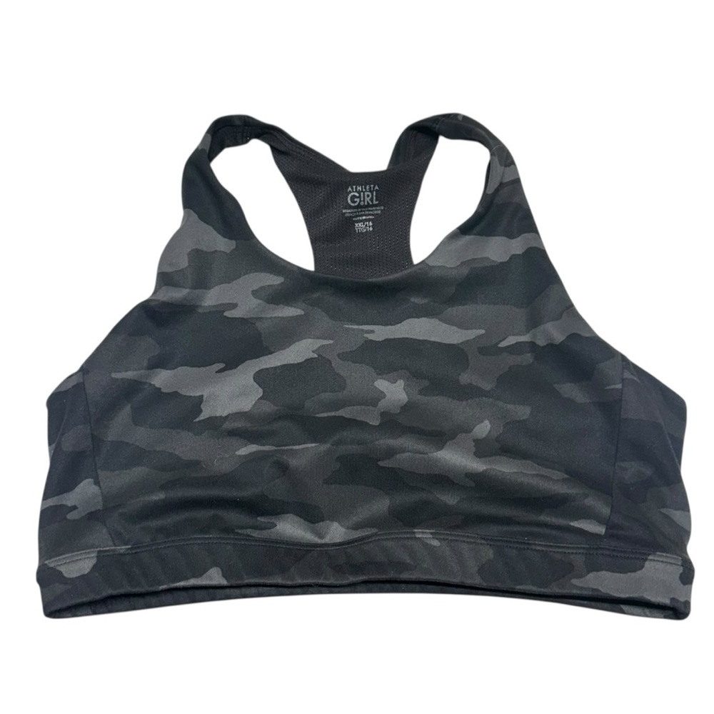 Athleta Girl Sports Bra Size Girl XXL 16 Grey Camo Print Unpadded Wireless Sport